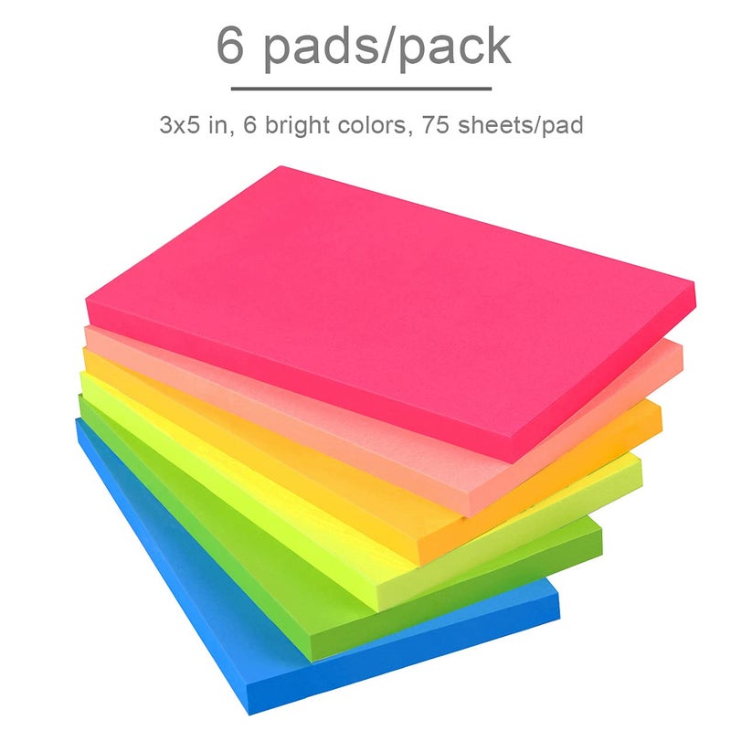 Vanpad Sticky Notes 3x5 in Bright Stickies Colorful Super Sticking Power Memo Pads Strong Adhesive 6 Pads/Pack 75 Sheets/pad - Image 2